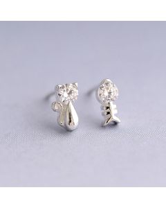 Animals & Insects Jewelry, Simple Design Earrings, Asymmetric Cat Fishbone Zircon Stud Earrings, 925 Sterling Silver Earrings