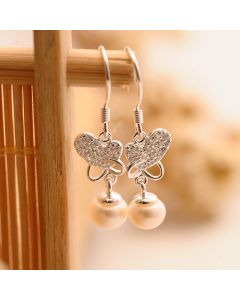 Animals & Insects Jewelry, Simple Design Earrings, Hollow Butterfly Pearl Zircon Dangle Drop Earrings, 925 Sterling Silver Earrings