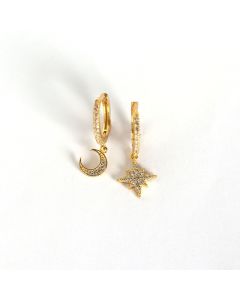 Asymmetric Moon Star Zircon Dangle Drop Earrings, Celestial & Horoscope Jewelry, 925 Sterling Silver Earrings, Star Jewelry