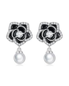 Black Camellia Pave Zircon Vintage Pearl Stud Earrings, Simple Design Earrings, Flowers & Plants Jewelry, 925 Sterling Silver Earrings