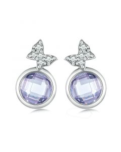 Butterfly Pave CZ Sweet Purple Stud Earrings , 925 Sterling Silver Earrings, Simple Design Earrings, Animals & Insects Jewelry
