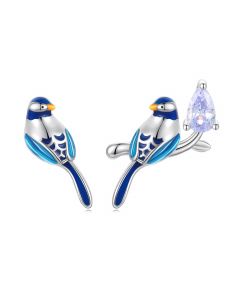 Simple Design Earrings, 925 Sterling Silver Earrings, Animals & Insects Jewelry, Blue Enamel Dainty Birds Stud Earrings