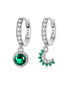Celestial Horoscope Jewelry, Simple Design Earrings, Asymmetric Sun & Moon Green Zircon Drop Hoop Earrings, 925 Sterling Silver Earrings