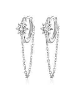 Star Jewelry, Simple Design Earrings, Long Tassel Ear Buckles Pave Setting CZ Star Hoop Earrings, 925 Sterling Silver Earrings