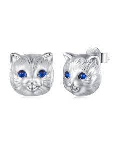 Blue Spinel Eyes Cat Stud Earrings, Animals & Insects Jewelry, 925 Sterling Silver Earrings, Light Luxury Style Earrings