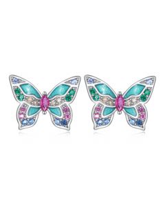 Colorful Zircon Butterfly Stud Earrings, Light Luxury Style Earrings, Animals & Insects Jewelry, 925 Sterling Silver Earrings