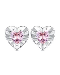 Pink Zircon Heart Stud Earrings, 925 Sterling Silver Earrings, Love & Hearts Jewelry, Light Luxury Style Earrings