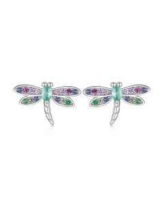 Dragonfly Colorful Zircon Stud Earrings, Light Luxury Style Earrings, 925 Sterling Silver Earrings, Animals & Insects Jewelry
