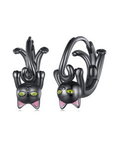 Lovely Black Cat Hoop Earrings, Light Luxury Style Earrings, Animals & Insects Jewelry, 925 Sterling Silver Earrings