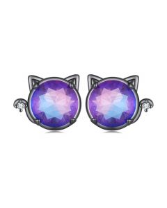 Black Gold Cat Purple Stone Stud Earrings, 925 Sterling Silver Earrings, Light Luxury Style Earrings, Animals & Insects Jewelry