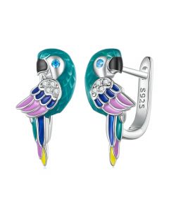 Clolorful Parrot Bird Hoop Earrings, 925 Sterling Silver Earrings, Animals & Insects Jewelry, Light Luxury Style Earrings