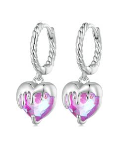 Melted Love Pink Heart Dangle Hoop Earrings, 925 Sterling Silver Earrings, Light Luxury Style Earrings, Love & Hearts Jewelry