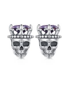 Exquisite King of Skull Purple Zircon Crown Stud Earrings, Skeletons & Skulls Jewelry, Light Luxury Style Earrings, Halloween Jewelry