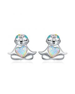 Cute Sloth with Blue Opal Heart Stud Earrings, Animals Jewelry, Love Hearts Jewelry, Flowers & Plants Jewelry