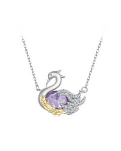 Purple Zircon Two Tone Swan Pendant Necklace, Light Luxury Style Pendants Necklaces, Animals & Insects Jewelry