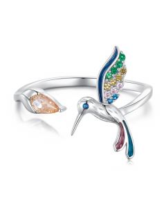 Colorful Zircon Hummingbird Open Ring, 925 Sterling Silver Rings, Animals & Insects Jewelry, Light Luxury Style Rings