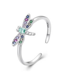 Colorful Zircon Dragonfly Opening Ring, 925 Sterling Silver Rings, Animals & Insects Jewelry, Light Luxury Style Rings