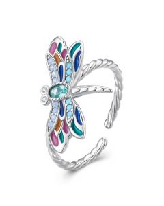 Adjustable Multi-color Dragonfly Open Ring, Animals & Insects Jewelry, 925 Sterling Silver Rings, Light Luxury Style Rings