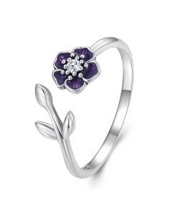 Purple Flower Zircon Adjustable Open Ring, Light Luxury Style Rings, 925 Sterling Silver Rings, Flowers & Plants Jewelry