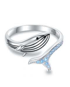 Whale Blue Zircon Tail Adjustable Open Ring, 925 Sterling Silver Rings, Animals & Insects Jewelry, Light Luxury Style Rings