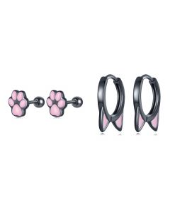 925 Sterling Silver , Simple Design , Minimalist Design , Pink Enamel Cat Ear Paw Print Earrings, Animals & Insects Jewelry