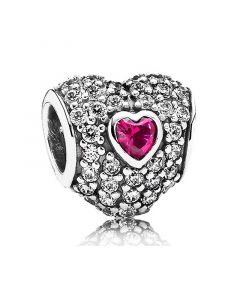 925 Sterling Silver Charms,Charms for Pandora Charm Bracelet,Pandora Charms,Red Crystal Heart in Clear CZ Love Heart Charm