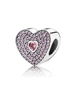 925 Sterling Silver Charms,Pandora Charms,Charms for Pandora Charm Bracelet,Heart Charm with 2 Heart-shaped Pave-set Pink Cubic Zirconia