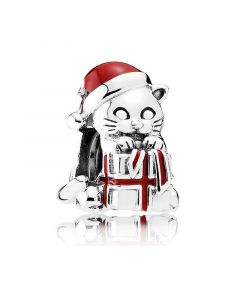 Christmas Kitten Charm with Red Enamel Ribbons and Hat,Pandora Charms,925 Sterling Silver Charms,Charms for Pandora Charm Bracelet
