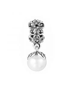925 Sterling Silver Charms,Pandora Charms,White Pearl Flower Dangle Charm with Black CZ,Charms for Pandora Charm Bracelet