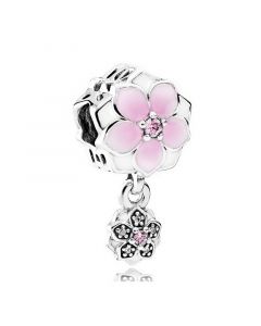 925 Sterling Silver Charms,Charms for Pandora Charm Bracelet,Magnolia Bloom Pale Cerise Enamel Pink CZ Charm,Pandora Charms