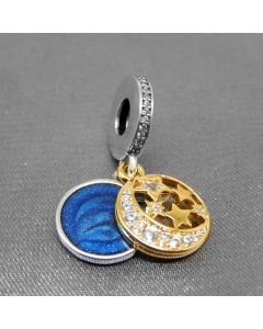 Blue Round Golden Star Moon Zircon Dangle Charm,925 Sterling Silver Charms,Pandora Charms,Charms for Pandora Charm Bracelet