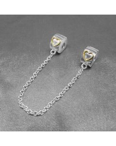 925 Sterling Silver Charms,Pandora Charms,Golden Heart Shape Clip Safety Chain Charm,Charms for Bracelet,Charms for Pandora Charm Bracelet