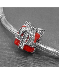 925 Sterling Silver Charms,Red Bow Gift Box Zircon Charm,Charms for Bracelet,Pandora Charms,Charms for Pandora Charm Bracelet